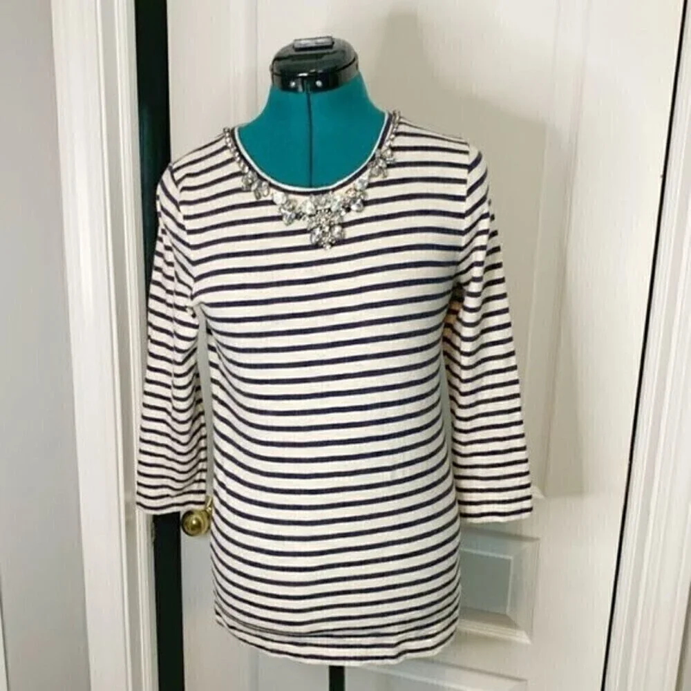 J. Crew Nautical Stripe Rhinestone Crew Neck 3/4 Sleeve Casual Top